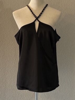 Cache Womens Medium Black Satin Halter Top Gold Chain Keyhole Evening